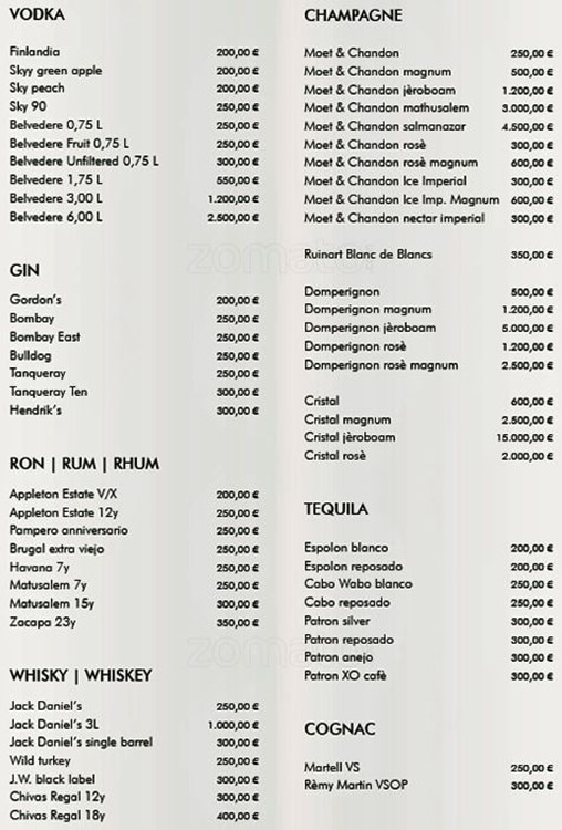 11Clubroom Milano nightclub prices menu drinks beverages champagne vodka gin alcohol bottles