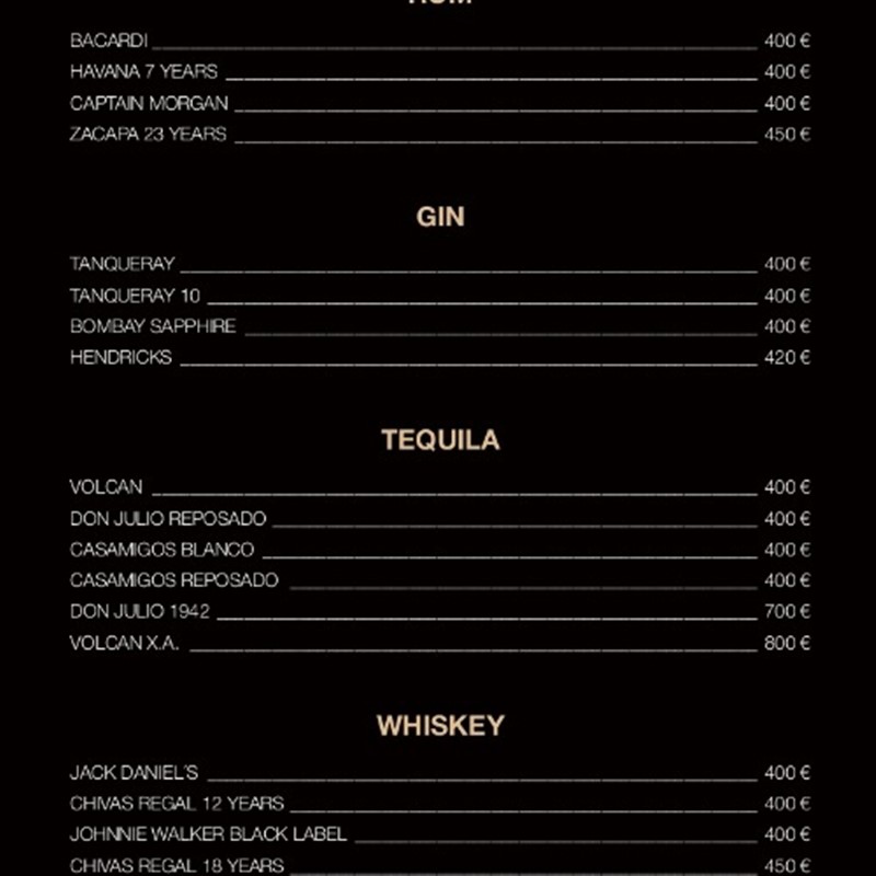 Pangea nightclub Marbella bottle menu
