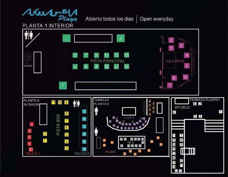 Akuarela nightclub Valencia table map vip area regular premium dj booth dance floor