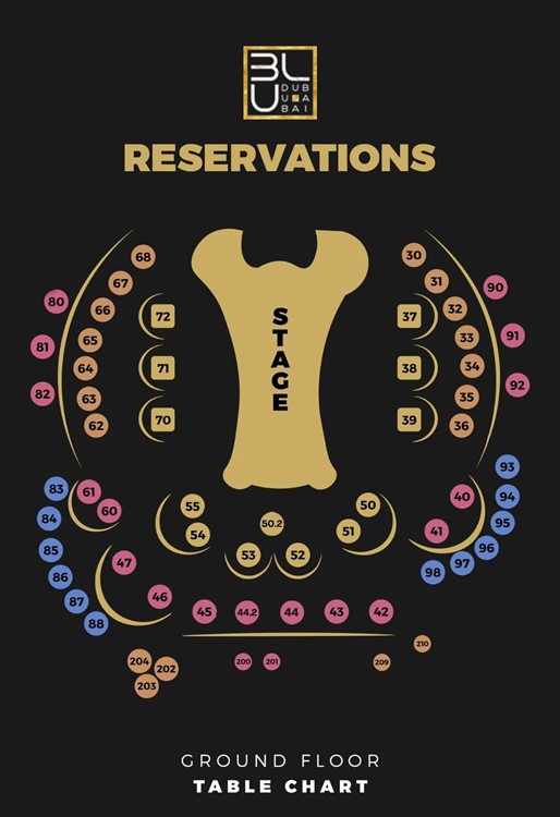 Blu nightclub Dubai table map chart VIP regular premium areas stage bar book now