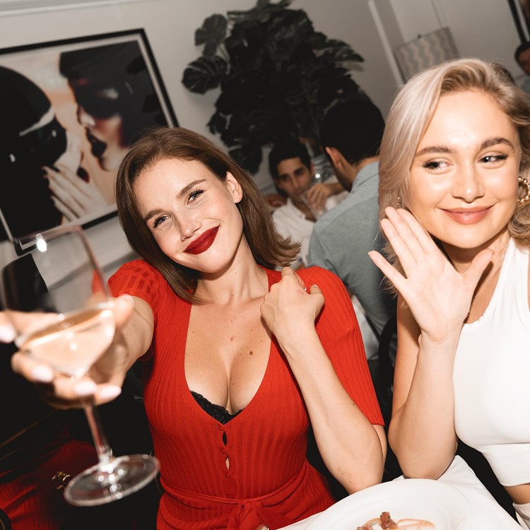 Bagatelle London best restaurant pretty blonde brunette girls red lipstick champagne 