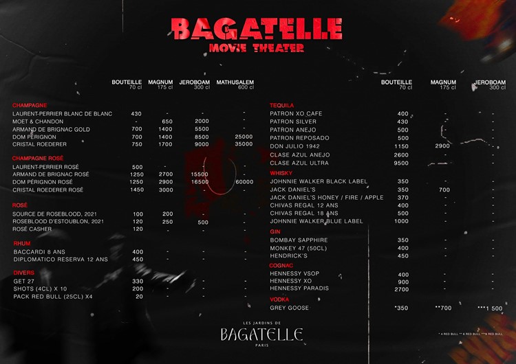 Bagatelle nightclub Paris bottle menu pricing champagne bubbles cognac whisky vodka gin tequila rum rose
