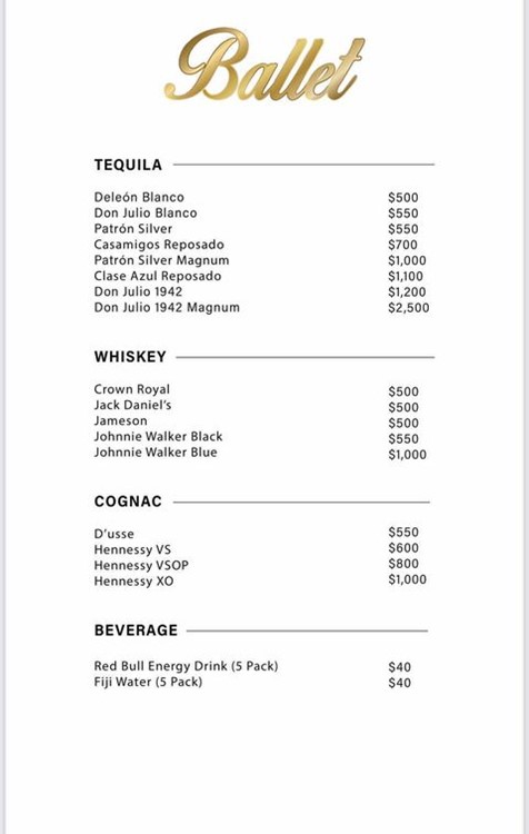 Ballet in Los Angeles nightclub bottle menu vodka rum gin cognac whisky spirits prices
