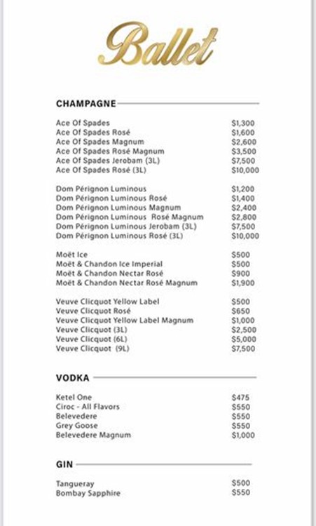 Ballet in Los Angeles nightclub bottle service champagne menu bubbles alcohol premium regular size bottles
