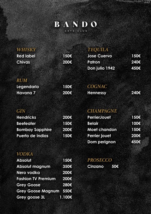 Bando nightclub Marbella bottle menu vodka rum gin cognac whisky champagne bubbles pricing 