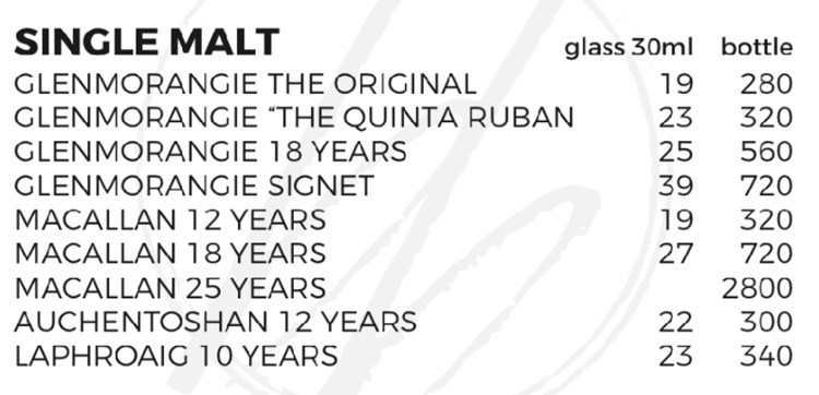 Bang Bang nightclub Singapore single malt drinks menu price