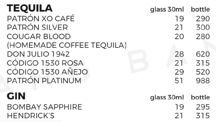 Bang Bang nightclub Singapore how much costs tequila gin menu prices