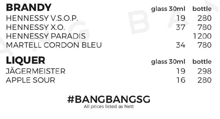 Bang Bang nightclub Singapore liqueur liquor prices alcohol drinks menu  