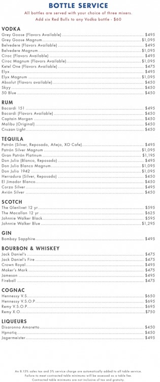 Bare Pool club Las Vegas bottle menu prices vodka rum gin alcohol drinks cocktails beverages