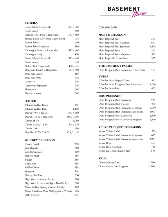Basement nightclub Miami bottle menu vodka rum gin cognac champagne whisky prices book now