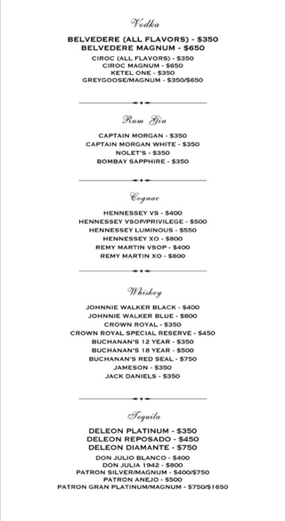 Belasco club Los Angeles menu bottles prices alcohol champagne vodka gin rum