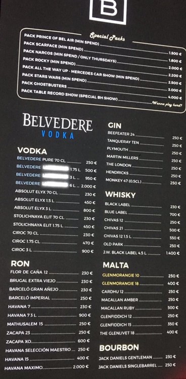 Blackhaus nightclub Madrid bottle menu champagne alcohol bubbles prices book vip table now celebrate hen bachelor birthday parties