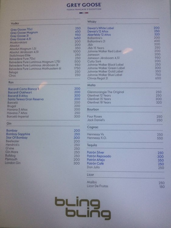 Bling Bling nightclub Madrid bottle menu prices per drink cocktails alcohol vodka rum gin mixers