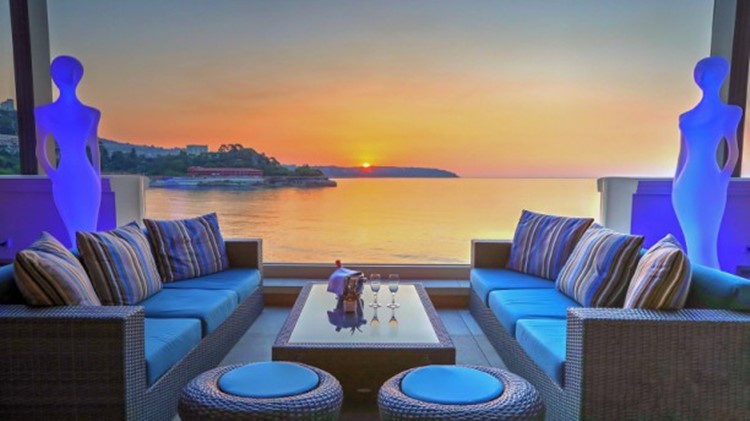 Blue Gin nightclub Monaco view of the lounge area blue interior design sunset