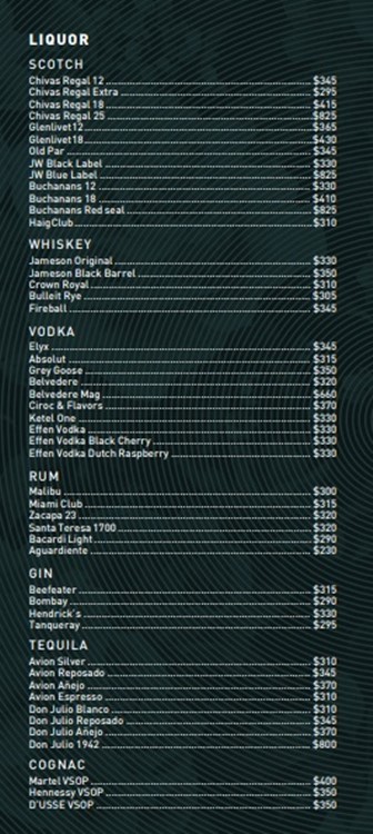 Blume nightclub Miami menu text prices liquor whisky gin cognac bottles alcohol 