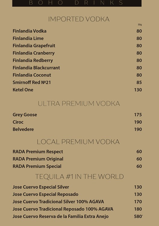 Boho nightclub Kiev bottle menu vodka rum gin cognac beverages champagne tequila 