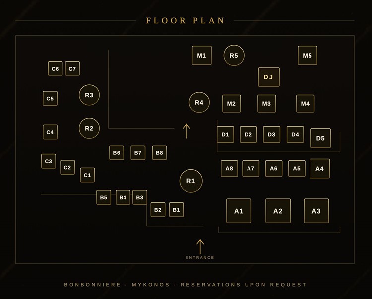 Bonbonniere nightclub Mykonos table map book vip tables regular dj dance floor