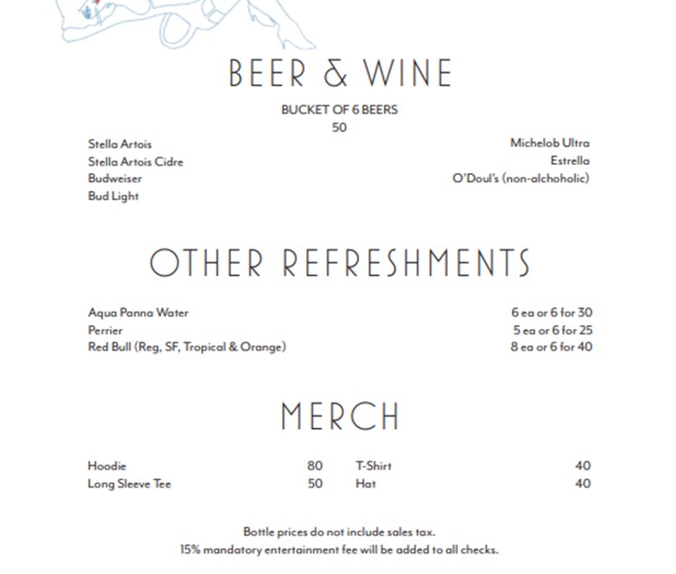 Bootsy Bellows nightclub Los Angeles beer merch water side drinks menu prices