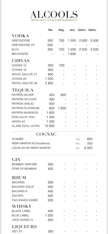 Bottle menu with prices for spirits at VIP room in Paris