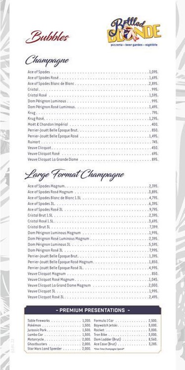Bottled Blonde nightclub Miami bubbles champagne list menu pricing 
