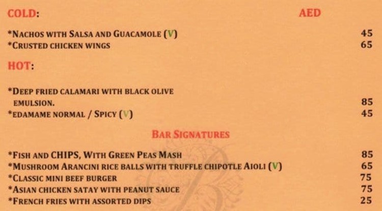 Boudoir nightclub Dubai snack menu small bites price vegetarian