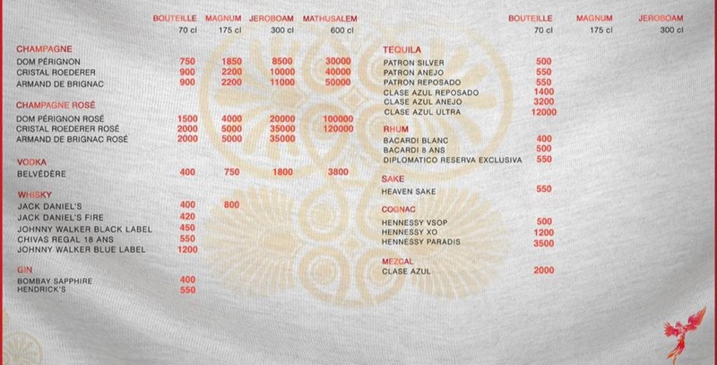 Boumboum nightclub Paris bottle menu champagne vodka whisky tequila gin rum pricing 