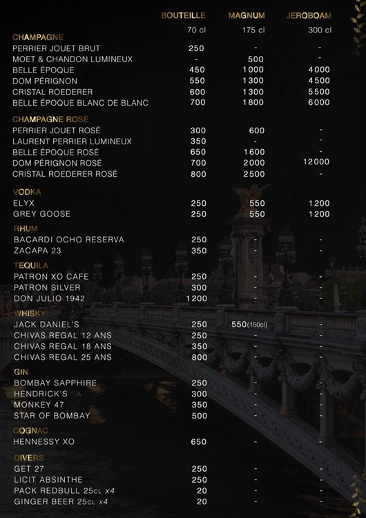 Bridge nightclub Paris bottle menu pricing alcohol vodka rum gin cognac champagne whisky 