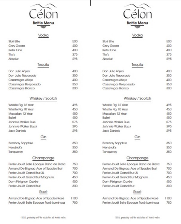 Célon New York bottle menu prices champagne bubbles vodka rum gin cognac whisky premium drinks alcohol packages price