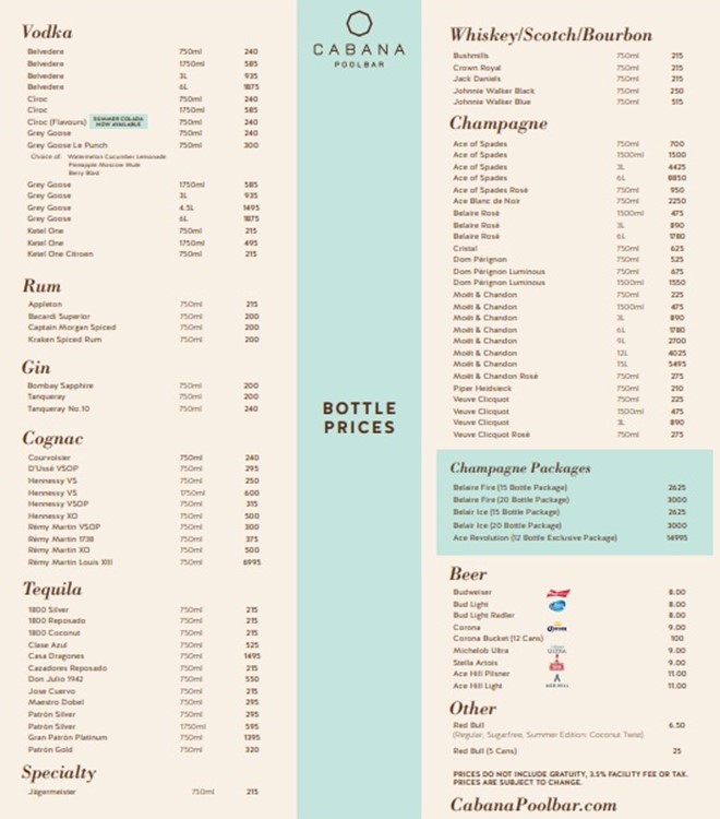 Cabana Pool Bar Toronto bottle menu prices whisky vodka rum gin cognac champagne bubbles premium drinks cocktails packages book vip table now