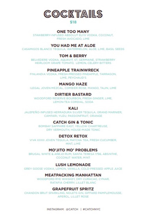Catch New York club cocktails price
