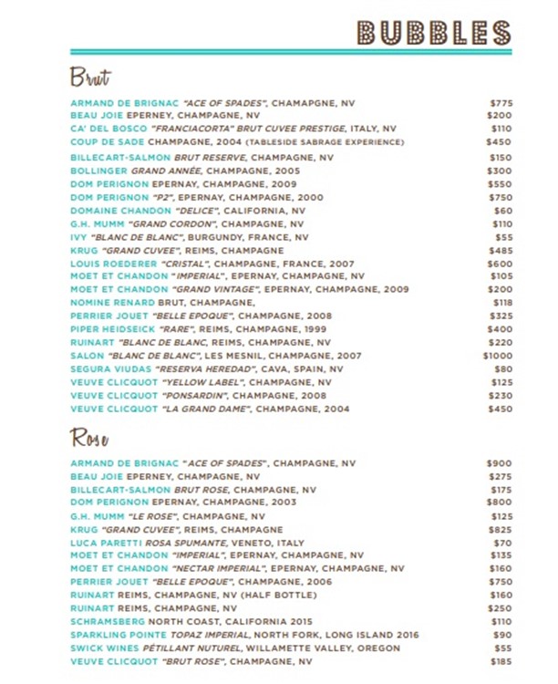 Catch New York club bubbles champagne bottle glass prices