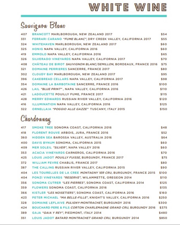 Catch New York club white wines prices