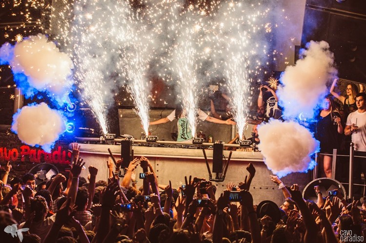Cavo Paradiso nightclub Mykonos dj playing music at a big party concert special effects