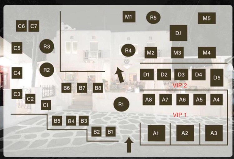 Cavo Paradiso Mykonos club tables map restaurant nightclub fun VIP area bar dance floor DJ