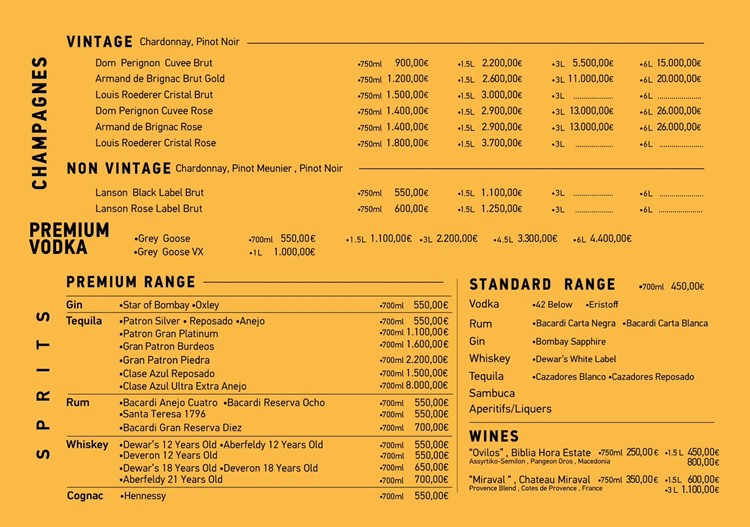 Cavo Paradiso Mykonos club bottle menu pricing list champagne vodka rum gin cognac whisky 
