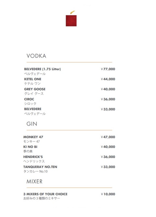 Ce La Vi club Tokyo bottle menu vodka gin drinks price