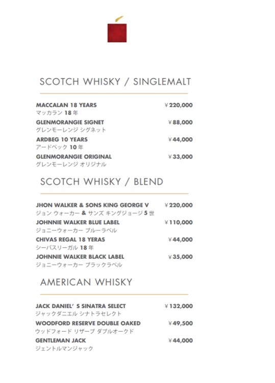 Ce La Vi club Tokyo bottle menu whisky prices alocholic beverages 