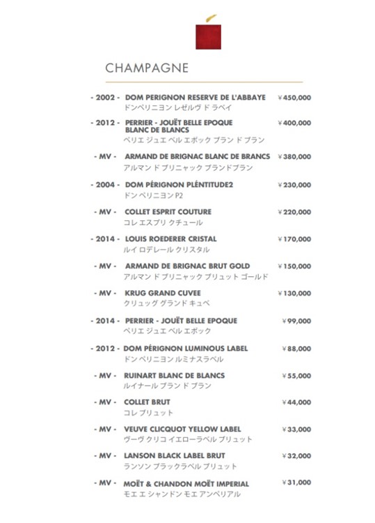 Ce La Vi club Tokyo bottle menu champagne bubbles pricing