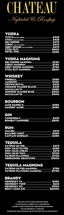 Chateau nightclub Las Vegas bottle menu prices vodka rum gin cognac beverages whisky drinks cocktails book vip table