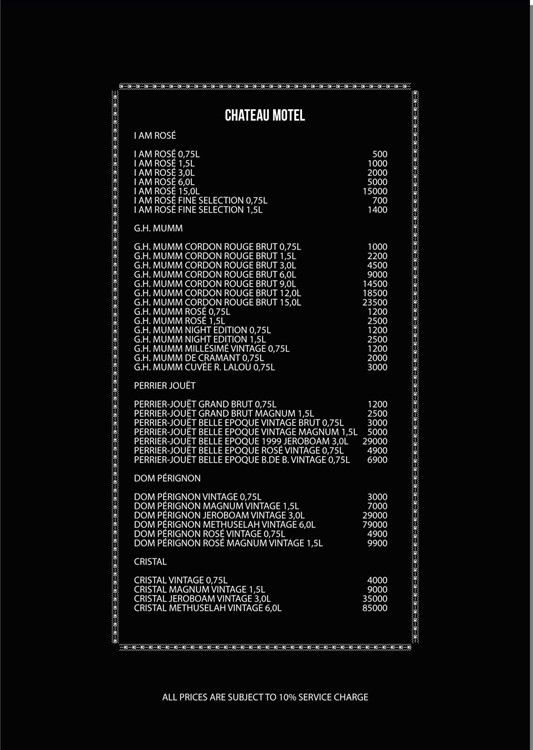 Chateau Motel club in Copenhagen bottle menu alcohol beverages prices packages