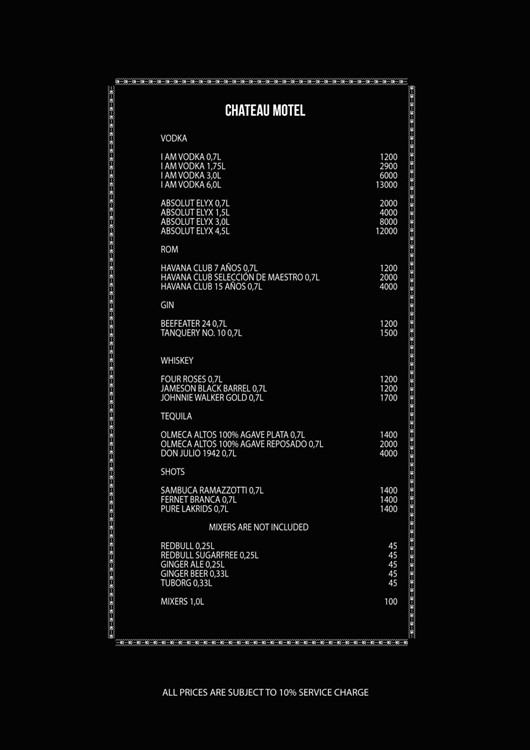 Chateau Motel club in Copenhagen bottle service menu champagne vodka rum gin cognac whisky tequila 