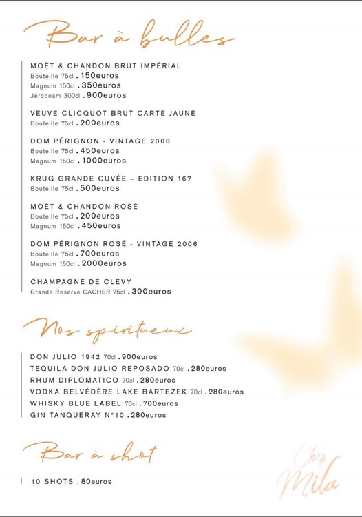 Chez Mila nightclub Paris outdoor club menu prices champagne bubbles parade book bottles now reserve