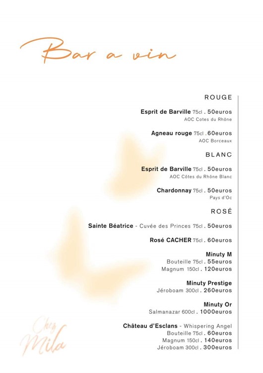 Chez Mila nightclub Paris alcoholic drinks bottles cocktails drinks beverages vodka rum gin cognac whisky tequila price list