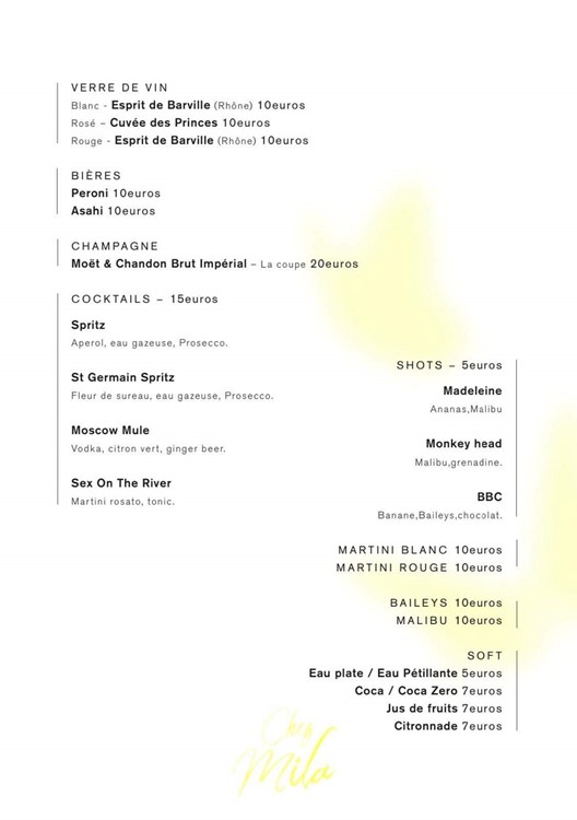 Chez Mila nightclub Paris menu book drinks reserve vip table book hen birthday bachelor package 