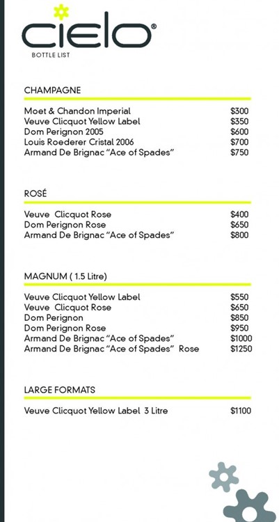 Cielo NYC bottle menu prices bubbles champagne table booking service