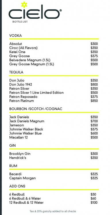 Cielo NYC bottle menu spirits alcohol bottles price