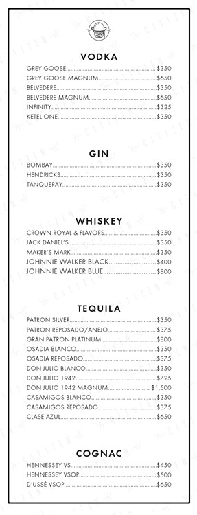 Citizen nightclub Dallas bottle menu whisky vodka rum gin cognac champagne gin