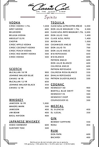 Classic Cat nightclub LA bottle menu pricing vodka rum gin cognac whisky tequila 