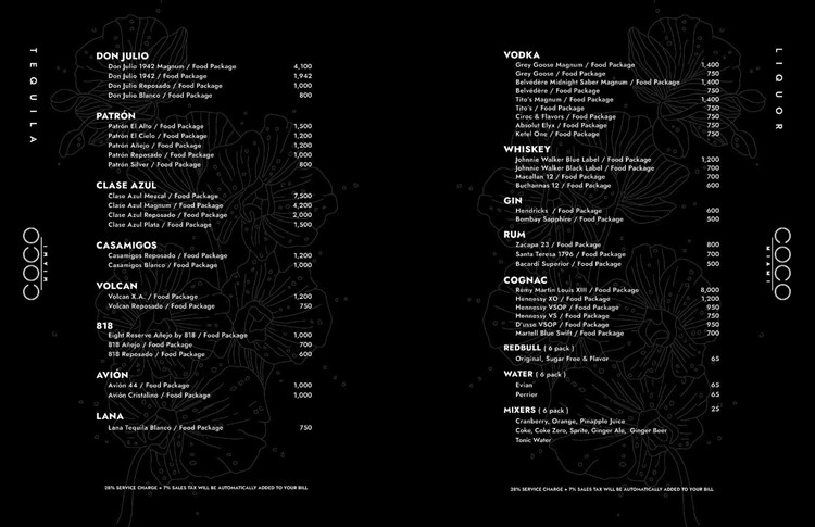 Coco Miami nightclub bottle menu vip packages alcohol types whisky gin rum tequila bubbles 