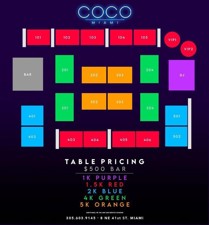 Coco Miami nightclub table map seating chart vip regular premium areas dj dance floor